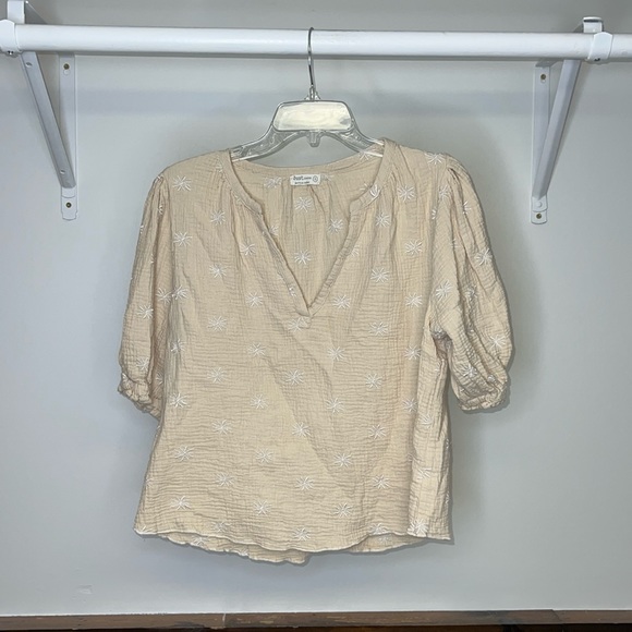 Just Living Tops - 100% Cotton Cream Embroidered Puff Sleeve Peasant Top